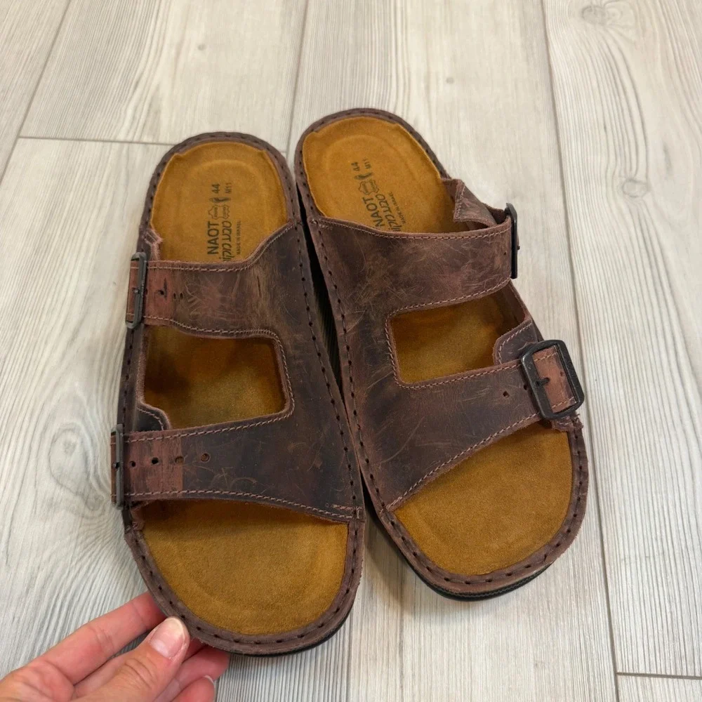 NEW Naot Mikael Crazy Horse Leather Sandals Brown Two Strap Slides Men EU 44 M11